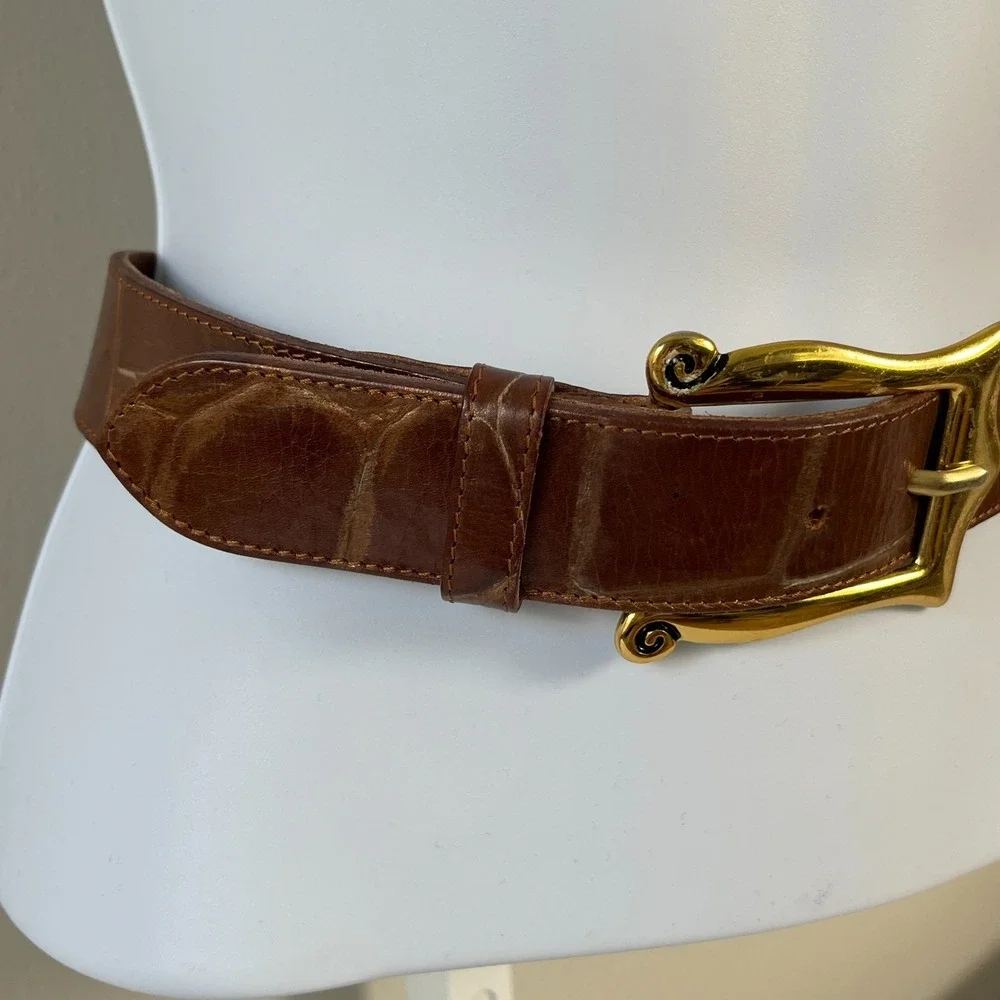 Vtg Linea Pelle Belt Croc Embossed Leather Brown/Gold Tone‎ Buckle Italy M Boho